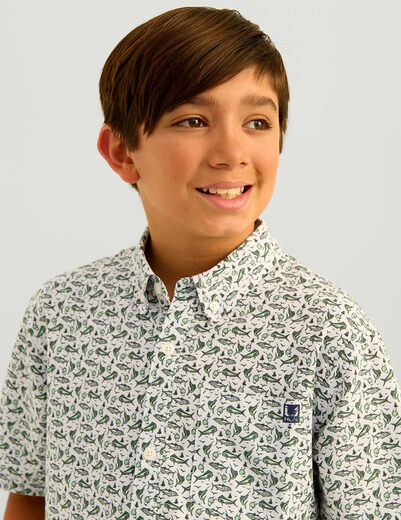 HUK unisex children's Kona pattern short-sleeved fishing button-down shirt white XS