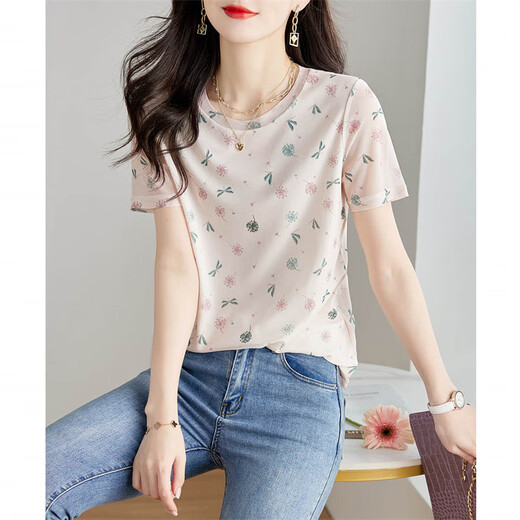 Shangjing T-shirt à manches courtes pour les femmes en été des vêtements pour femmes de nouveau style, style mature léger, t-shirt imprimé de cou de cou rond romantique pour femmes
