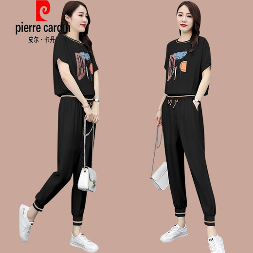 Pierre Cardin Casual Fashion Anzug für Frauen Sommer Neues modisches Sweatshirt Thin Small Ice Seide Sportswear Kurzärmele zwei Stücke [684] Black XL (Empfohlen 111-125 Jin [Jin ist gleich 0,5 kg])