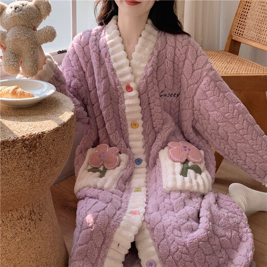 FHHUABD珊瑚绒睡袍女春秋2024年新款可爱加厚加绒法兰绒家居服睡衣女秋冬 761# XL 女(建议身高165-170cm，体重