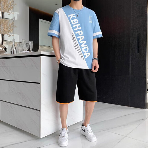 胖东来夏季新款短袖t恤男士休闲时尚运动套装个性上衣服潮流短裤子 6227白色+K201黑白边 M