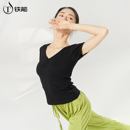 铁箭舞蹈服V领成人形体服上衣中国古典芭蕾舞练功服女 黑色短袖  L