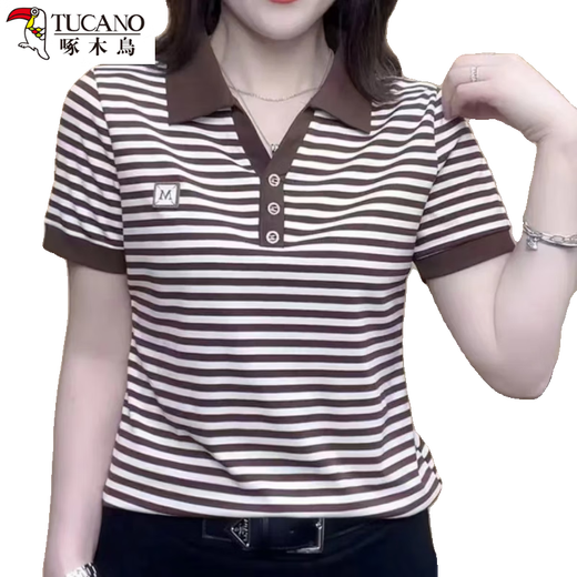 啄木鸟妈妈女装夏季时尚翻领条纹短袖T恤polo衫女休闲新款宽松百搭上衣 9928咖色 M 85-斤