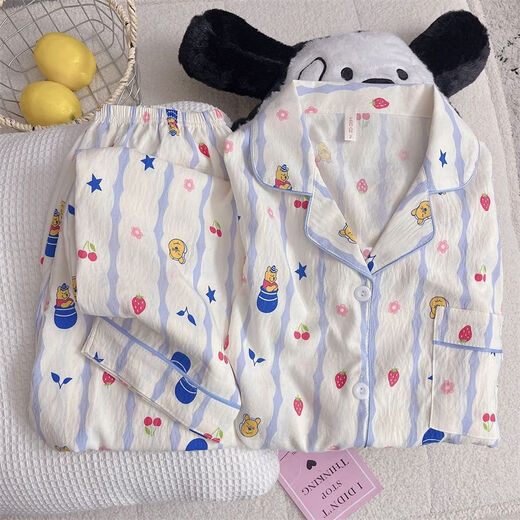 荣西图（RONGXITU）云朵棉睡衣女春秋日系卡通小熊长袖家居服可外穿 826#蓝条维尼熊 170 M