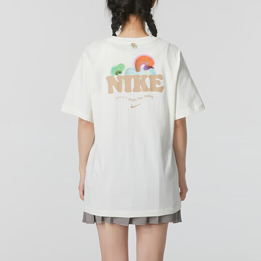 耐克（NIKE）短袖女夏季纯棉运动服时尚印花跑步健身训练舒适透气休闲短袖T恤 HF6180-133 帆白 XS