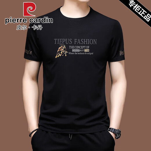 Pierre cardin high-end short-sleeved T-shirt for men ice silk half-sleeved summer sweatshirt mercerated cotton embroidered loose middle-aged top fashion [Father's Day gift] X733 black M 165 [recommended 100-120 Jin [Jin equals 0.5 kg]]