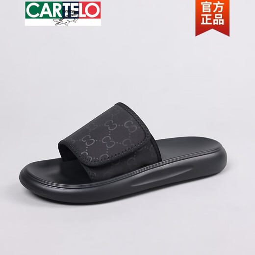 卡帝乐鳄鱼（CARTELO）拖鞋男夏季2025新款时尚百搭软底沙滩鞋男士外穿防水防臭一字拖鞋 黑色6189 38