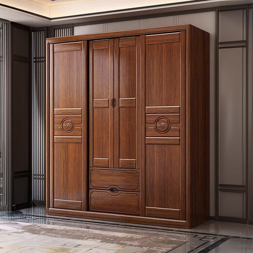 
Youkaji walnut solid wood wardrobe modern Chinese sliding door four-door multi-functional large wardrobe 829# Four door + side + top