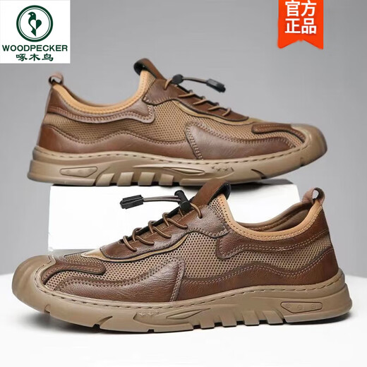 Woodpecker [handmade online] Summer sandals men's mesh hole shoes men's genuine leather casual leather shoes breathable men's shoes 6628 black 38