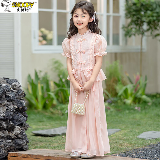 史努比女童夏装2025新款洋气时髦大童套装儿童夏季新中式国风女孩两件套 9757粉色套装139元 100