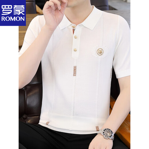 罗蒙（ROMON）翻领针织短袖t恤男士薄款修身夏季冰丝上衣潮流上衣polo体恤衫男 2575-黑色 M 90-105斤