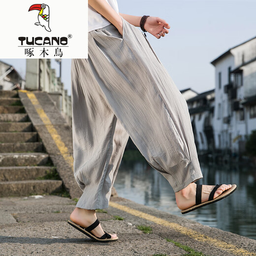 啄木鸟（TUCANO）中国风亚麻裤男夏季薄款宽松直筒棉麻休闲阔腿灯笼哈伦裤冰丝裤子 K123卡其色 L