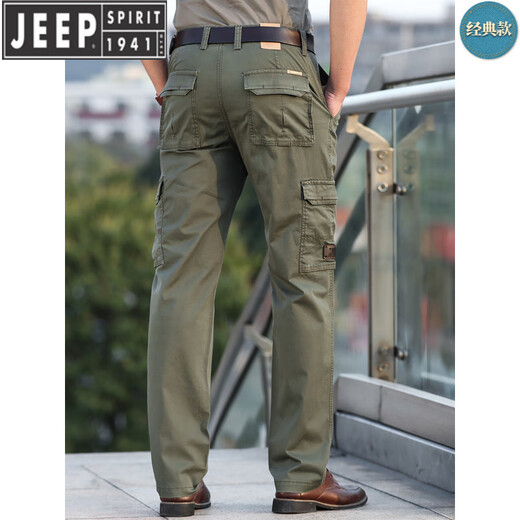 JEEP SPIRIT吉普男装休闲裤直筒宽松夏季薄款多口袋工装裤男长裤棉氨弹力男裤 绿色9923 夏款薄 30 号2尺3腰