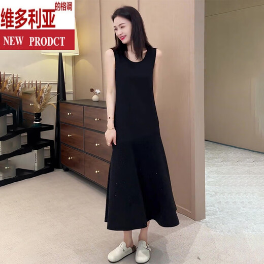 维多利亚的格调休闲黑色无袖背心连衣裙女装2025年新款春夏季慵懒风宽松遮肚长裙 黑色 S (建议80-98斤)