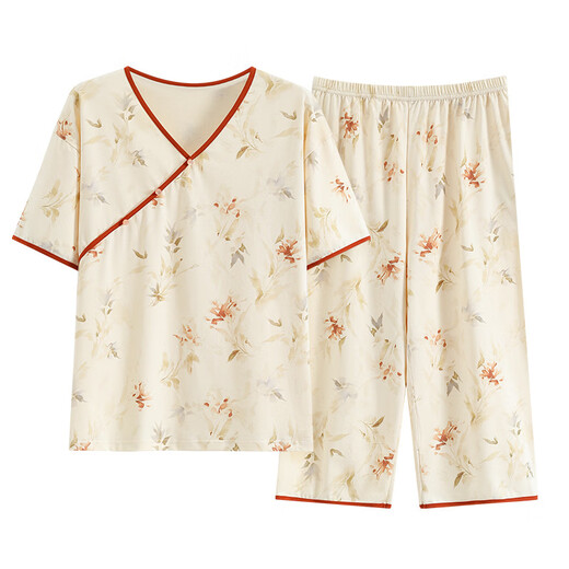 埃伊贝古风睡衣女夏季仿棉短袖七分裤夏款国风新中式女士家居服套装 Z9911 M