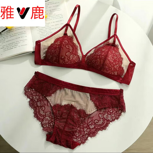 Yalu French Retro Lace Sexy Underwear Women's Wireless Bra Hollow Thin Large Breast Showing Small Red Bra Set Red Set 75B 34