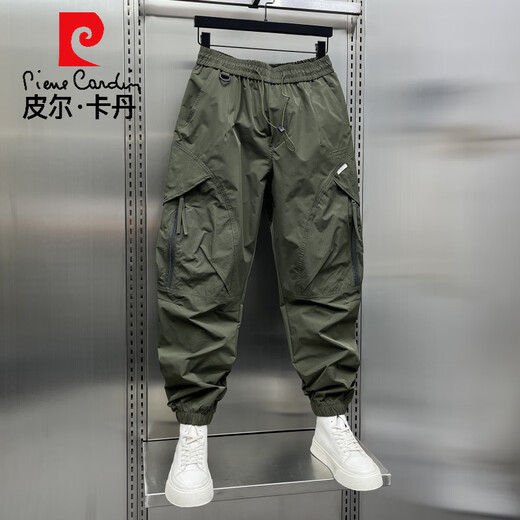 皮尔卡丹潮牌工装裤男炸街夏季薄款宽松裤子秋季束脚裤潮流美式痞帅九分裤 军绿色 XL 体重  135-150斤
