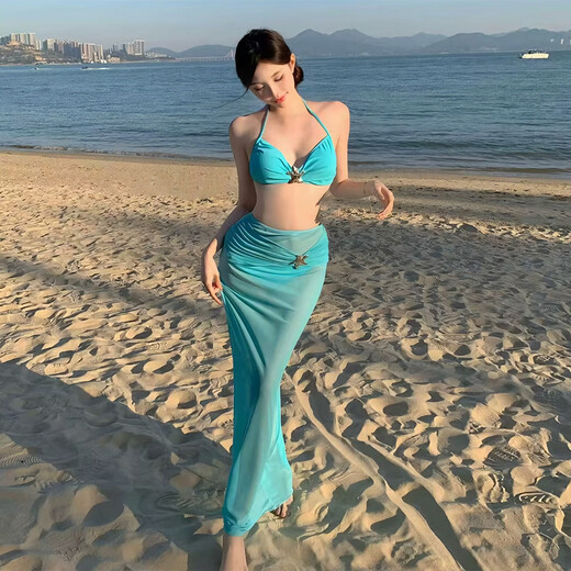 
Ershan Ji Bikini Swimsuit Women's Summer Sexy Hot Spring Three-Point Backless Belly Covering Belly Slimming Beach Long Skirt on the Beach. Sky Blue Swimsuit (Waist Chain is Shooting Props) L ​​Recommended 110-125 Jin [Jin equals 0.5 kg]