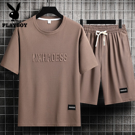 花花公子（PLAYBOY）休闲运动套装男潮牌冰丝t恤薄款短裤大码短袖帅气搭配两件套 套装-TZ829卡其【上衣+裤子】 XL 建议130-145斤