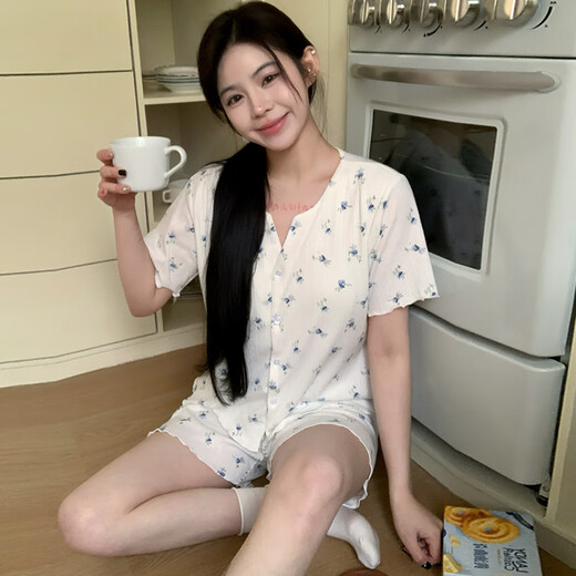
S.SOFEA summer short-sleeved jacquard pajamas female princess style thin two-piece set Double short set DW683 blue flower (with chest pad) 180 XL (120-140Jin [Jin equals 0.5 kg])