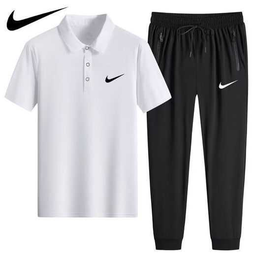 NBA KIDS-NIKE冰丝POLO衫速干休闲运动装短袖T套装薄款翻领男士长裤两件装 耐克-白色(直筒套装)1396 耐克-2XL 120-140斤