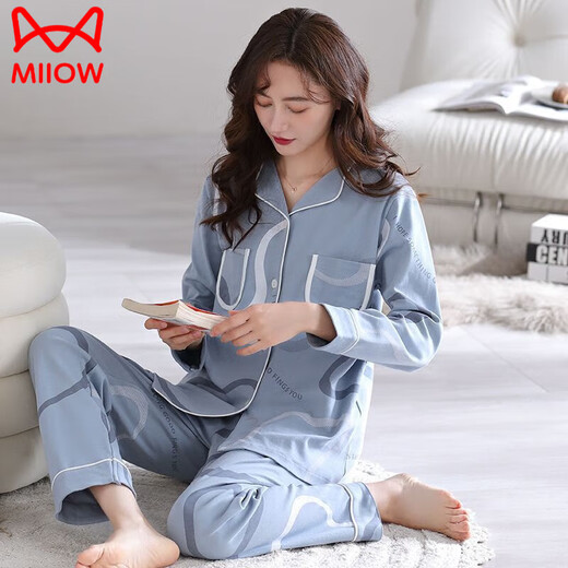 猫人（MiiOW）100纯棉睡衣女春秋款长袖2024年新款可外穿大码家居服开衫套装女 7029 M