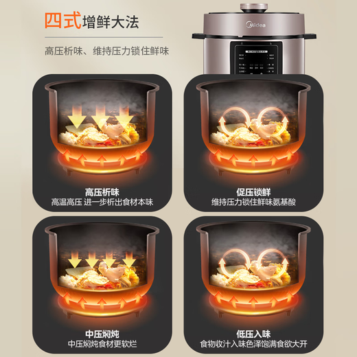Midea (Midea) electric pressure cooker electric pressure cooker 6L large capacity one pot double gallbladder 4-6 people high pressure cooker multifunctional non-stick intelligent rice cooker soup one-click exhaust with steamer [less salt to enhance freshness] 6L