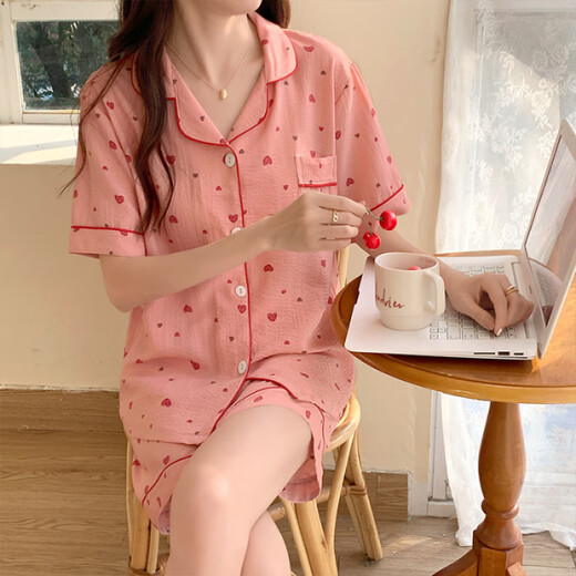HUALIN FASHION夏季粉花泡泡袖短袖可爱薄款家居服套装 zd-673#杏色爱心 180 XL