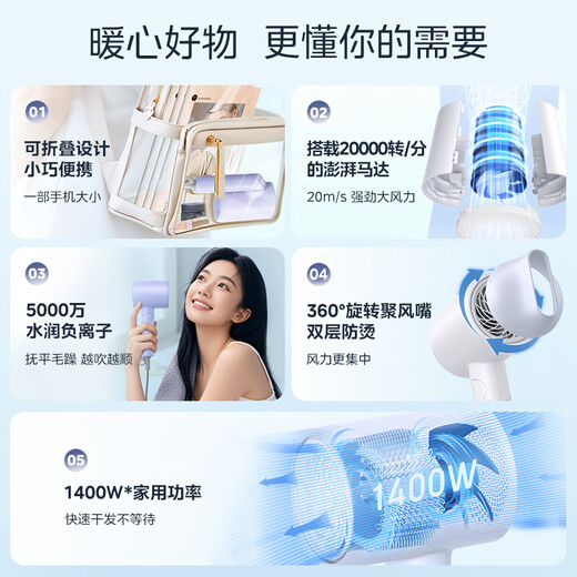 Midea 50 Million Negative Ion Protection Hair Dryer Folding Portable Hair Dryer Dormitory Hair Dryer FZ110 Purple 1400W Home Appliances National Subsidy Holiday/Birthday Gift