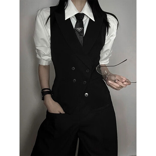 XingSuyao (Xingsuyao) Suit Vest Men and Women Style Neutral Handsome Senior British Gun Colliline Businet Slim Vest Clip Casual Horse Clip noir Vente Black Kirt + Tie noire + Pantalon noir XL Suggestions [125-140]