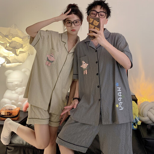 梵妙丽情侣睡衣女夏季棉质短袖开衫透气套装学生宽松男士网红风家居服夏 687#派大星 XL 男 (建议110-135斤)