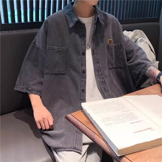妙奕嘉短袖衬衫男牛仔衬衣男士夏季衬衫式外套工装高级舒适休闲时尚潮流 韩版宽松口袋设计牛仔短袖衬衫 2XL 【建议130-155斤】