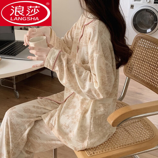浪莎（LangSha）睡衣女款春秋季棉质宽松2025年新款简约休闲女士家居服两件套装 9226 XL (建议116-130斤)