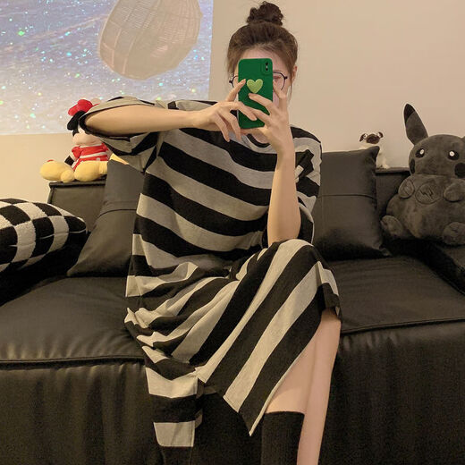 FHHUABD欧诗帛睡衣女夏季新款短袖薄款睡裙棉质洋气学生家居服可爱可外穿 16857可爱海绵宝宝睡裙 长袖睡裙 L