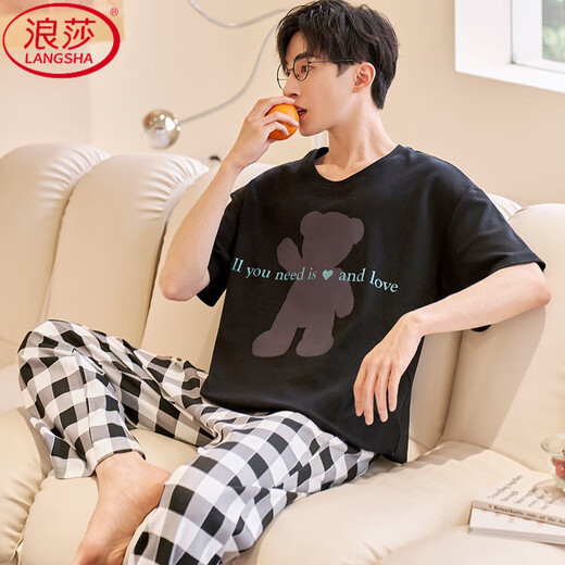 浪莎（LangSha）腊肠狗睡衣男夏季纯棉短袖长裤薄款青少年卡通学生家居服套装男 旗舰店-684初高中生夏季睡衣 L