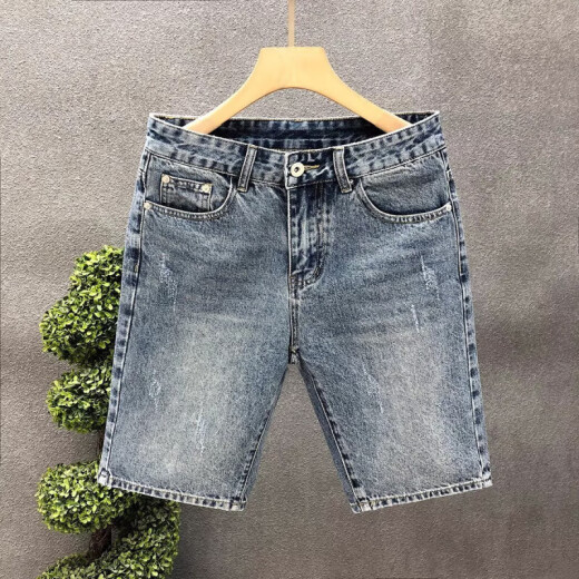 夏季薄款牛仔五分裤男士韩版潮流修身牛仔短裤夏天弹力男裤马裤5 蓝色-聚-K844 30 【腰围2尺3】
