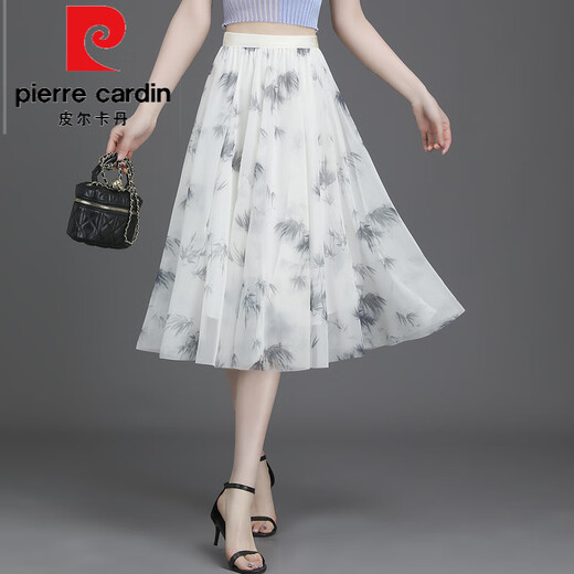 Pierre cardin 2025 summer new floral skirt for women with small fresh short skirt with large sway mesh printed A-line slim chiffon mid skirt 9906-8# One size (suggested 90-145Jin [Jin equals 0.5 kg])