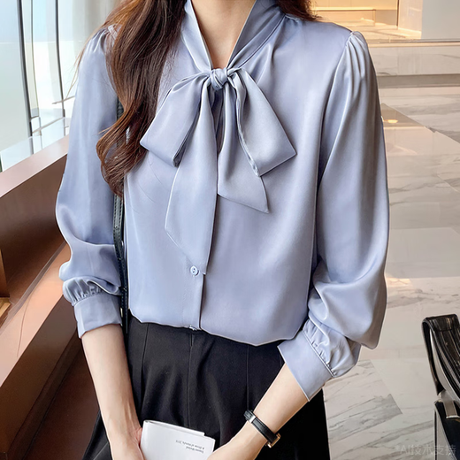 Finidongjue European French White Shirt Frauen langärmelte Bogen Chiffon Top Spring- und Herbst-Neutemperament Streamer-Basishemd Blau 9276 S _80-95jin [Jin ist 0,5 kg]