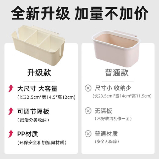 婴儿收纳床挂宝宝床边床头围栏尿不湿尿片收纳盒尿布袋 米白色-(可调节隔板32.5*14.5*12