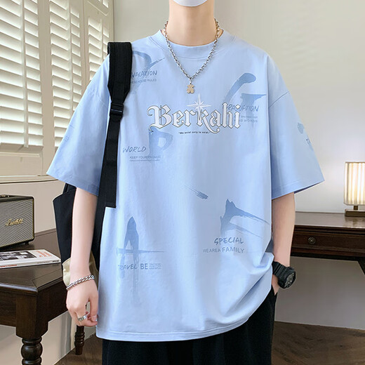 2025新款青少年短袖t恤男潮流夏季高初中学生帅气大童夏装上衣服 JT693青色 2XL 约145-165斤可穿