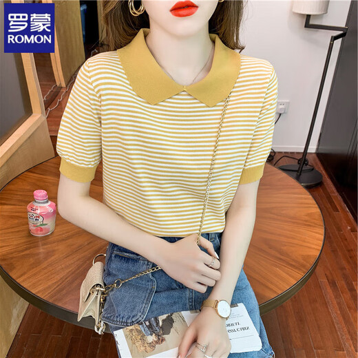 Romon striped doll collar short-sleeved T-shirt for women 2025 summer new ice silk sweater thin small age-reducing top DX691# yellow M Recommended 100-120Jin [Jin equals 0.5 kg]