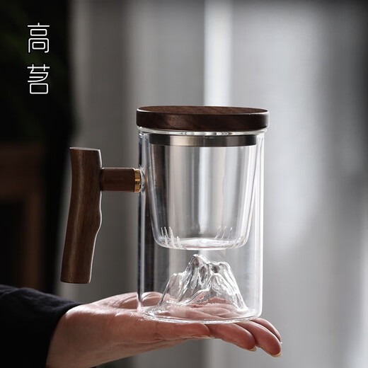 温诗欧个人专用泡茶杯茶水分离男士带把喝茶水杯玻璃日式观山茶道杯子 9194鸿崖三件杯榉木450ML 200mL(含)-400mL(含)