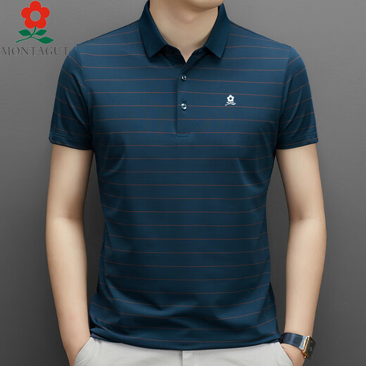 MONTAGUT men's mulberry silk short-sleeved T-shirt summer middle-aged daddy wear business casual striped polo shirt A829-green M 165 suitable for 100-115Jin [Jin equals 0.5 kg]