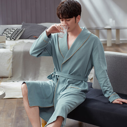 MPPMCK waffle bathrobe men's spring and autumn pure cotton medium-length men's nightgown 2025 new style water absorption integrated LJ16822 M size [weight 100-120Jin [Jin equals 0.5 kg]]