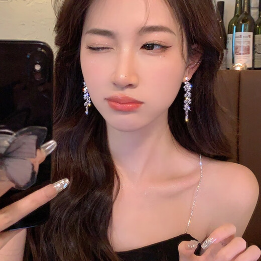 Mengke decorated high-end face tassel ear clips without piercings for women to show their faces, small earrings, temperament, mosquito repellent discs, exaggerated bridal earrings, light luxury, 925 silver needle (exquisite flash diamond) tassel earrings