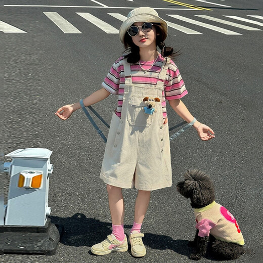 Disney Girls Summer Set 2025 Neue modische Kinder gestreiftes Kurzarm T-Shirt Girls Sommer Overalls Zweiteiler hellblauer Set 120 cm