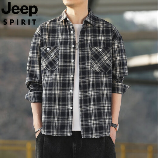 JEEP SPIRIT吉普复古格子长袖衬衫男春秋季2025新款宽松韩式工装衬衣外套潮 K12108白色 M