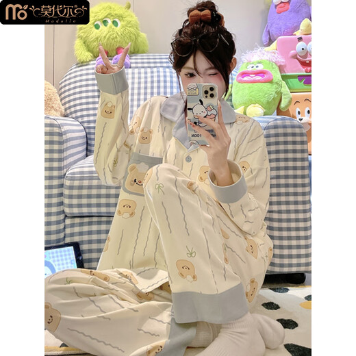 莫代尔睡衣女春秋款长袖带胸垫2025新款可爱卡通甜美小熊夏季家居服套装 724 卡通小猫 （自带胸垫） XL