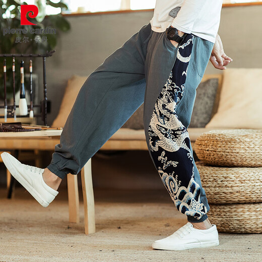 Pierre cardin spring and summer linen casual trousers Chinese style men's pants fat large size men's loose cotton linen harem lantern 983 white M Recommended 100-120 Jin [Jin equals 0.5 kg]