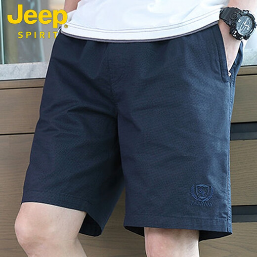 吉普（JEEP）男士短裤夏天新款商务休闲5分裤子男全棉沙滩宽松紧腰五分裤 9221深蓝 L